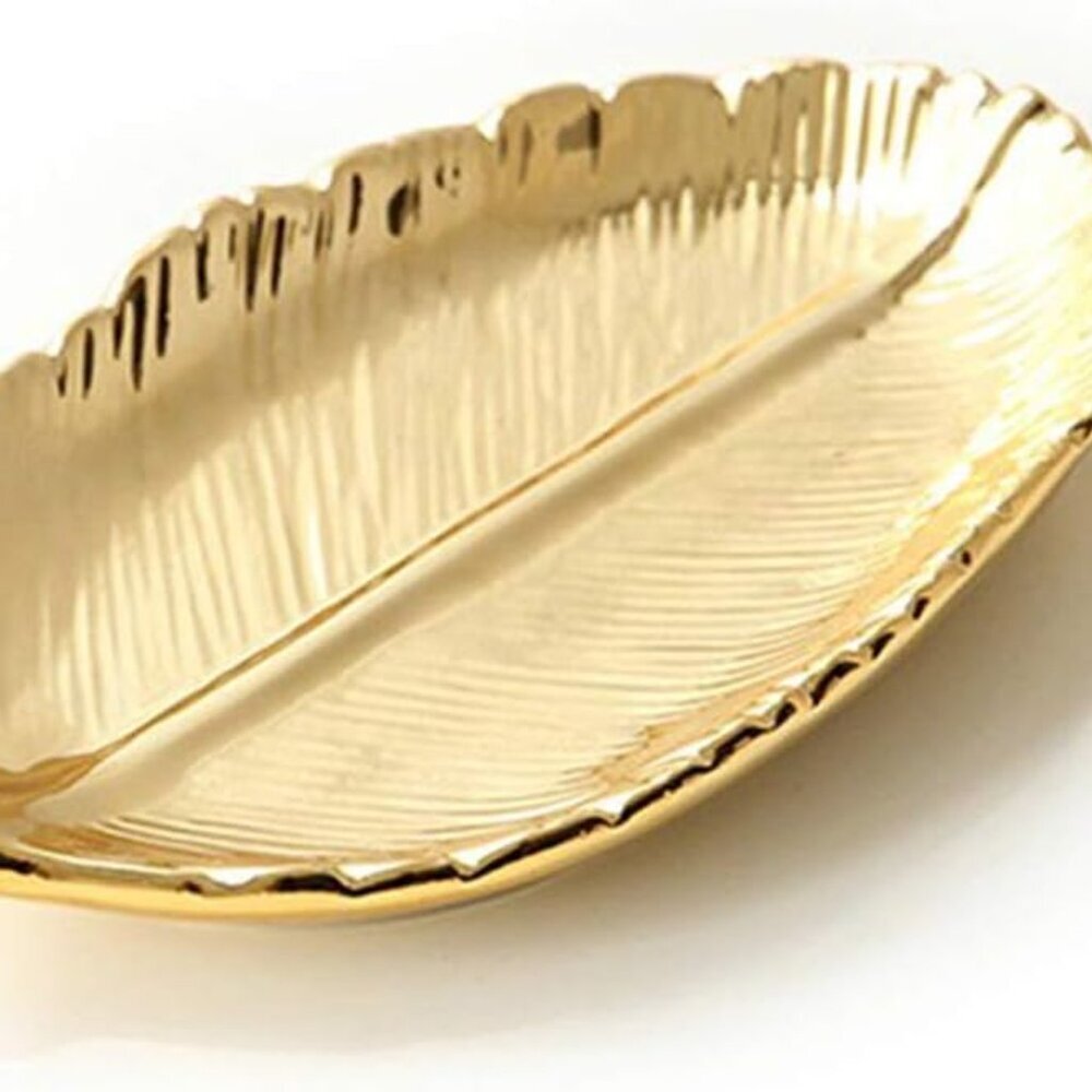 Golden Leaf Shaped Small Ceramic Jewelry Ring Dish Necklace Bracelet Holder Tray